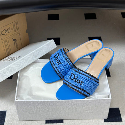 DIOR 26S BLOCK-HEEL SLIDE SANDALS 40MM IN BLUE RAFFIA