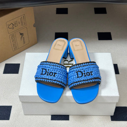 DIOR 26S BLOCK-HEEL SLIDE SANDALS 40MM IN BLUE RAFFIA