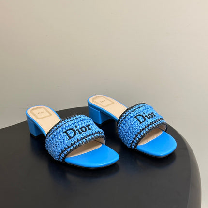 DIOR 26S BLOCK-HEEL SLIDE SANDALS 40MM IN BLUE RAFFIA