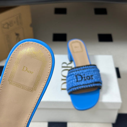 DIOR 26S BLOCK-HEEL SLIDE SANDALS 40MM IN BLUE RAFFIA