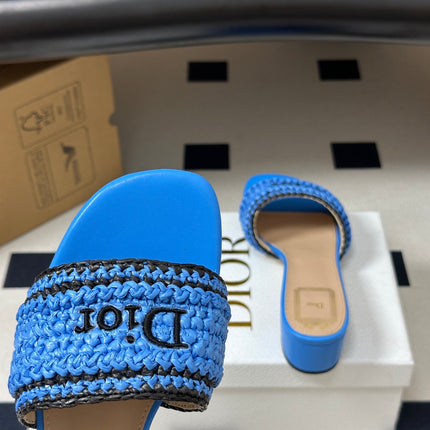 DIOR 26S BLOCK-HEEL SLIDE SANDALS 40MM IN BLUE RAFFIA