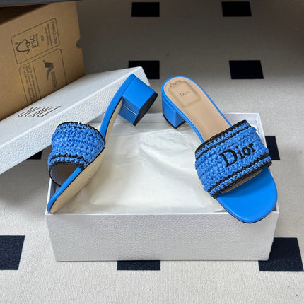 DIOR 26S BLOCK-HEEL SLIDE SANDALS 40MM IN BLUE RAFFIA