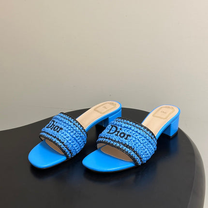 DIOR 26S BLOCK-HEEL SLIDE SANDALS 40MM IN BLUE RAFFIA