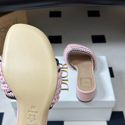 DIOR 26S BLOCK-HEEL SLIDE SANDALS 40MM IN PINK RAFFIA