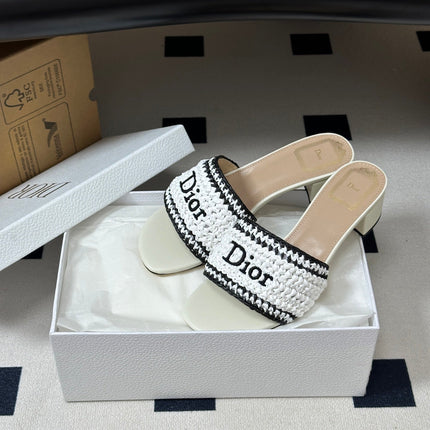 DIOR 26S BLOCK-HEEL SLIDE SANDALS 40MM IN IVORY WHITE RAFFIA
