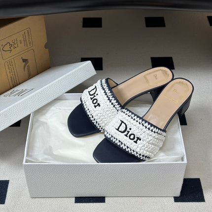 DIOR 26S BLOCK-HEEL SLIDE SANDALS 40MM IN WHITE AND DEEP BLUE RAFFIA