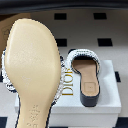 DIOR 26S BLOCK-HEEL SLIDE SANDALS 40MM IN WHITE AND DEEP BLUE RAFFIA