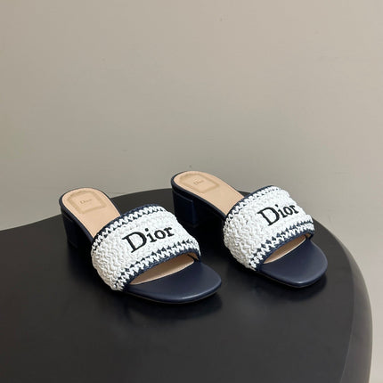 DIOR 26S BLOCK-HEEL SLIDE SANDALS 40MM IN WHITE AND DEEP BLUE RAFFIA