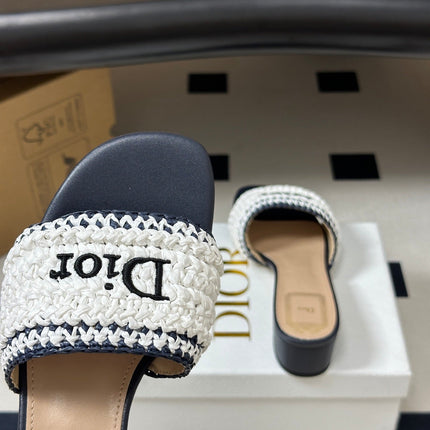 DIOR 26S BLOCK-HEEL SLIDE SANDALS 40MM IN WHITE AND DEEP BLUE RAFFIA