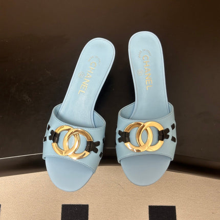 CHANEL 26S HIGH HEEL MULE IN LIGHT BLUE LAMBSKIN WITH GOLD TONE CC LOGO