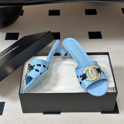 CHANEL 26S HIGH HEEL MULE IN LIGHT BLUE LAMBSKIN WITH GOLD TONE CC LOGO