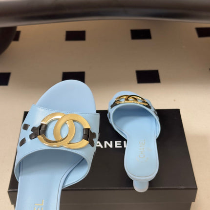 CHANEL 26S HIGH HEEL MULE IN LIGHT BLUE LAMBSKIN WITH GOLD TONE CC LOGO