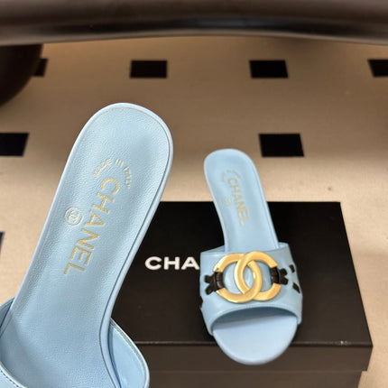 CHANEL 26S HIGH HEEL MULE IN LIGHT BLUE LAMBSKIN WITH GOLD TONE CC LOGO