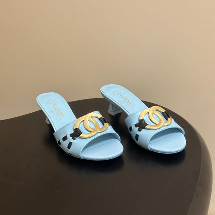 CHANEL 26S HIGH HEEL MULE IN LIGHT BLUE LAMBSKIN WITH GOLD TONE CC LOGO