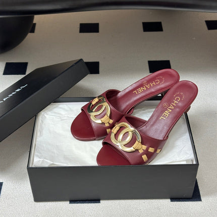 CHANEL 26S HIGH HEEL MULE IN RED LAMBSKIN WITH GOLD TONE CC LOGO