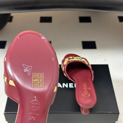 CHANEL 26S HIGH HEEL MULE IN RED LAMBSKIN WITH GOLD TONE CC LOGO