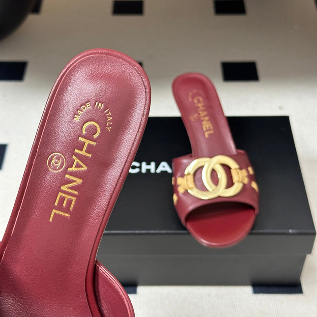CHANEL 26S HIGH HEEL MULE IN RED LAMBSKIN WITH GOLD TONE CC LOGO