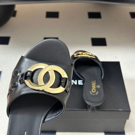 CHANEL 26S HIGH HEEL MULE IN BLACK LAMBSKIN WITH GOLD TONE CC LOGO