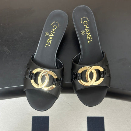 CHANEL 26S HIGH HEEL MULE IN BLACK LAMBSKIN WITH GOLD TONE CC LOGO