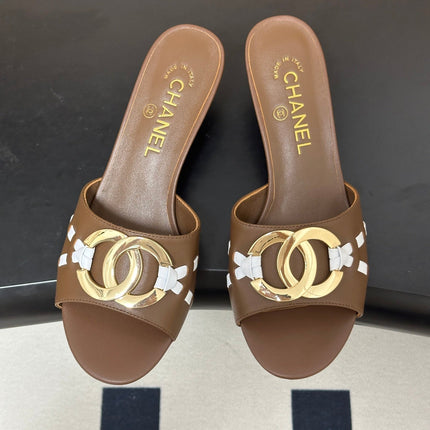 CHANEL 26S HIGH HEEL MULE IN BROWN LAMBSKIN WITH GOLD TONE CC LOGO