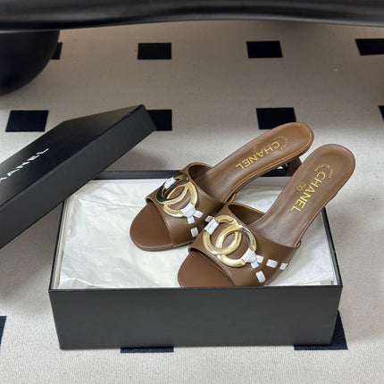 CHANEL 26S HIGH HEEL MULE IN BROWN LAMBSKIN WITH GOLD TONE CC LOGO