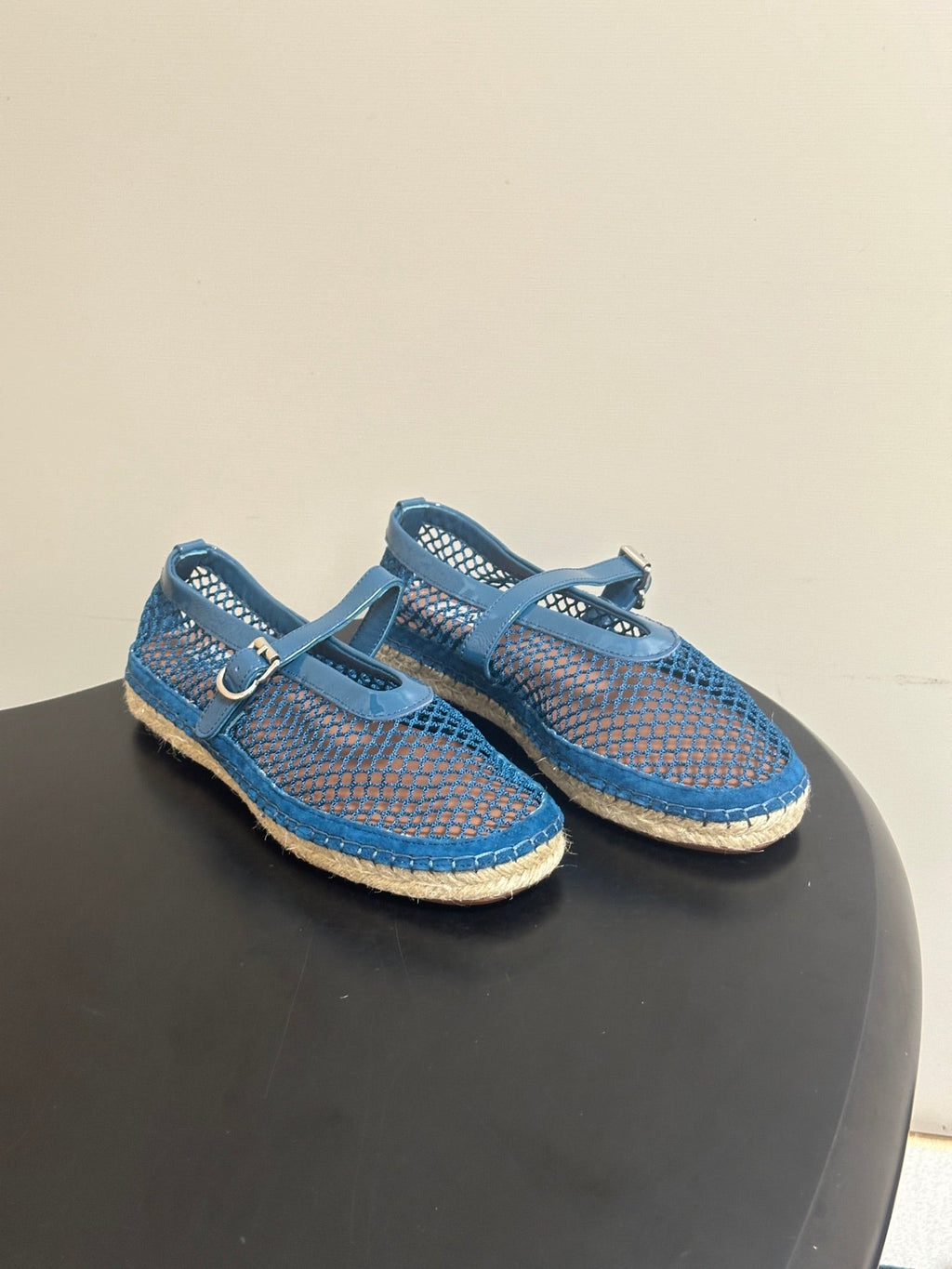 ALAIA 26S MESH ESPADRILLES IN NAVY BLUE PATENT LEATHER AND MESH