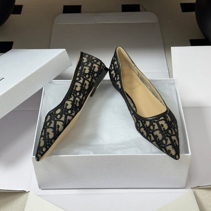 DIOR 26S POINTED-TOE FLATS IN BLACK MESH OBLIQUE EMBROIDERED CANVAS