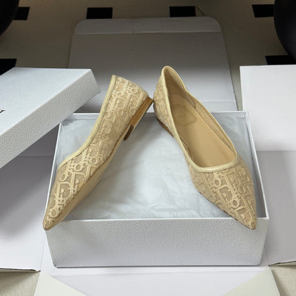 DIOR 26S POINTED-TOE FLATS IN BEIGE MESH OBLIQUE EMBROIDERED CANVAS