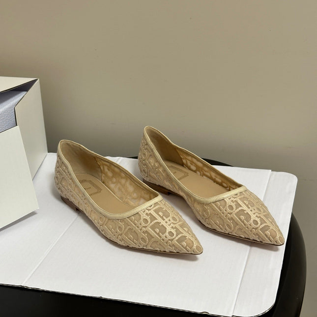 DIOR 26S POINTED-TOE FLATS IN BEIGE MESH OBLIQUE EMBROIDERED CANVAS