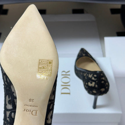 DIOR 26S POINTED-TOE PUMPS 80MM IN BLACK MESH OBLIQUE EMBROIDERED CANVAS