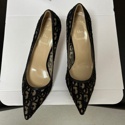 DIOR 26S POINTED-TOE PUMPS 80MM IN BLACK MESH OBLIQUE EMBROIDERED CANVAS