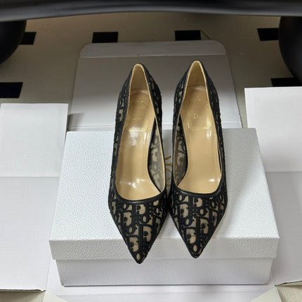DIOR 26S POINTED-TOE PUMPS 80MM IN BLACK MESH OBLIQUE EMBROIDERED CANVAS