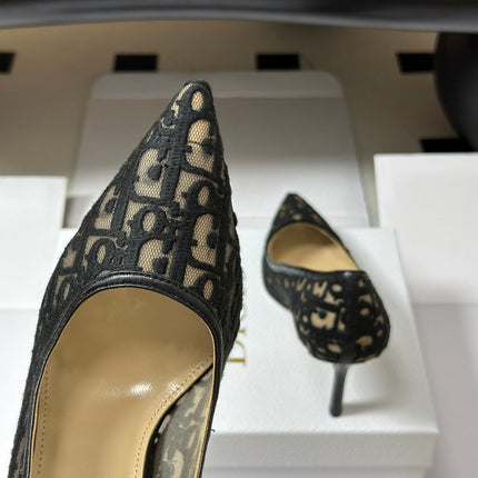 DIOR 26S POINTED-TOE PUMPS 80MM IN BLACK MESH OBLIQUE EMBROIDERED CANVAS