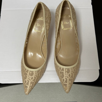 DIOR 26S POINTED-TOE PUMPS 80MM IN BEIGE MESH OBLIQUE EMBROIDERED CANVAS