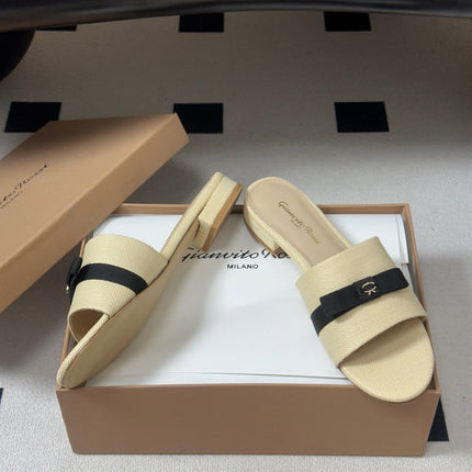 GIANVITO ROSSI 26S SLIDES IN BEIGE MIX BLACK FABRIC