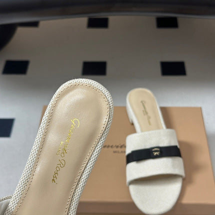 GIANVITO ROSSI 26S SLIDES IN LIGHT BEIGE AND BLACK FABRIC