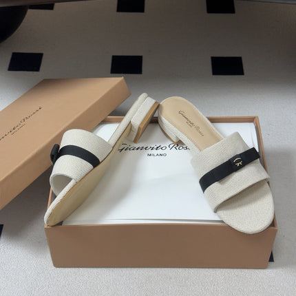 GIANVITO ROSSI 26S SLIDES IN LIGHT BEIGE AND BLACK FABRIC