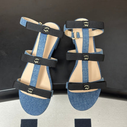 GIANVITO ROSSI 26S STRAPPY FLAT SANDALS IN BLUE DENIM AND BLACK FABRIC