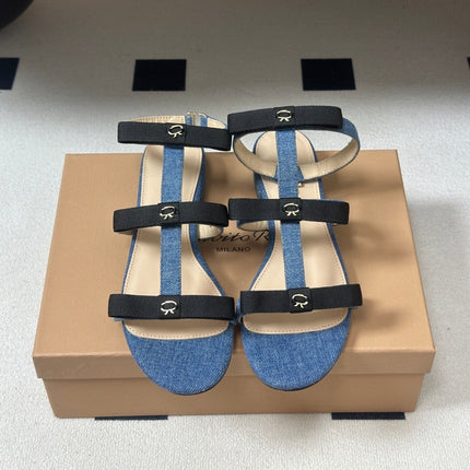 GIANVITO ROSSI 26S STRAPPY FLAT SANDALS IN BLUE DENIM AND BLACK FABRIC