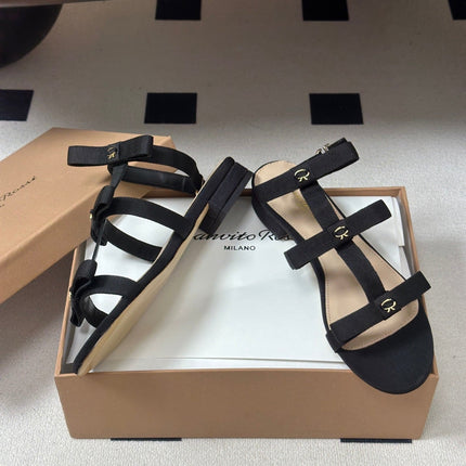 GIANVITO ROSSI 26S STRAPPY FLAT SANDALS IN BLACK FABRIC