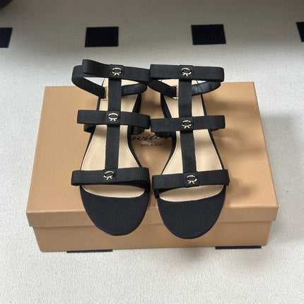 GIANVITO ROSSI 26S STRAPPY FLAT SANDALS IN BLACK FABRIC