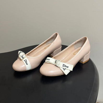 DIOR 26S MARY JANE HIGH HEELS 35MM IN NUDE BEIGE CALFSKIN WITH WHITE LOGO RIBBON