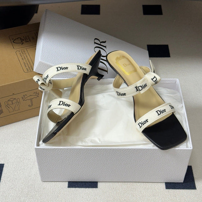 DIOR 26S J'ADIOR MULE SANDALS 35MM IN BLACK CALFSKIN WITH WHITE LOGO RIBBON