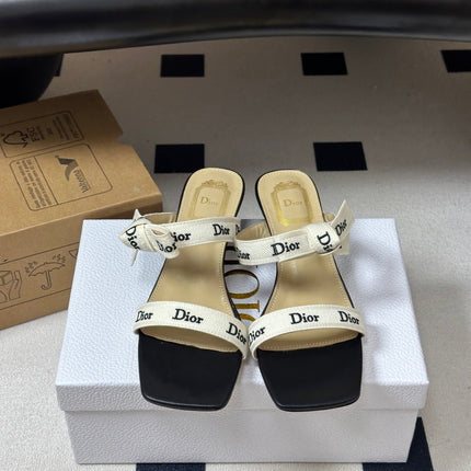 DIOR 26S J'ADIOR MULE SANDALS 35MM IN BLACK CALFSKIN WITH WHITE LOGO RIBBON
