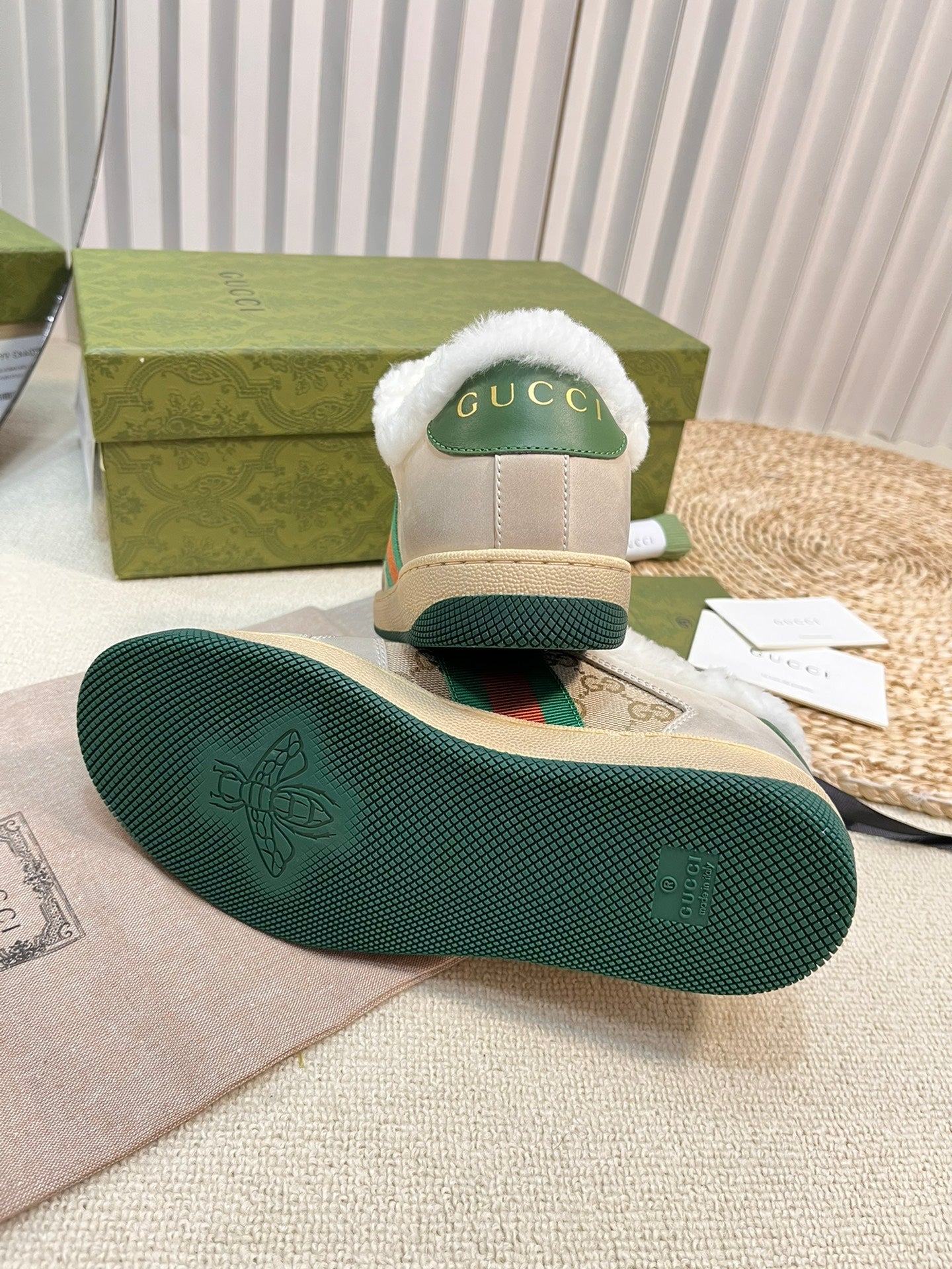 SNEAKER WITH WEB IN BEIGE GREEN FABRIC MIX SUEDE AND LAMB WOOL LINING