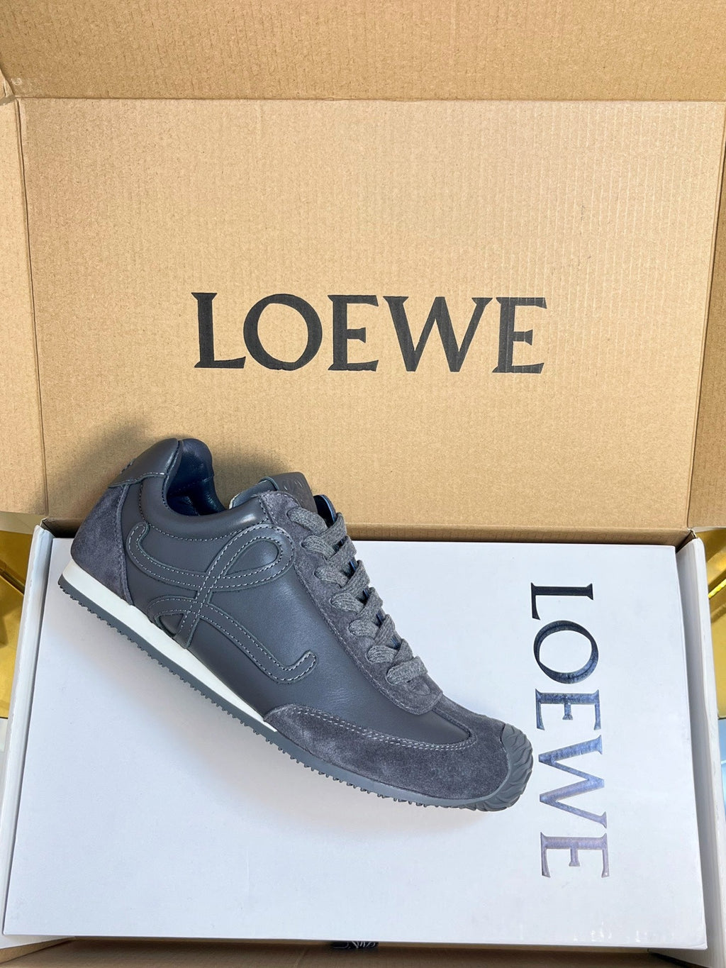 LOEWE 26S RUNNER 2.0 SNEAKERS IN DARK GREY CALFSKIN AND SUEDE