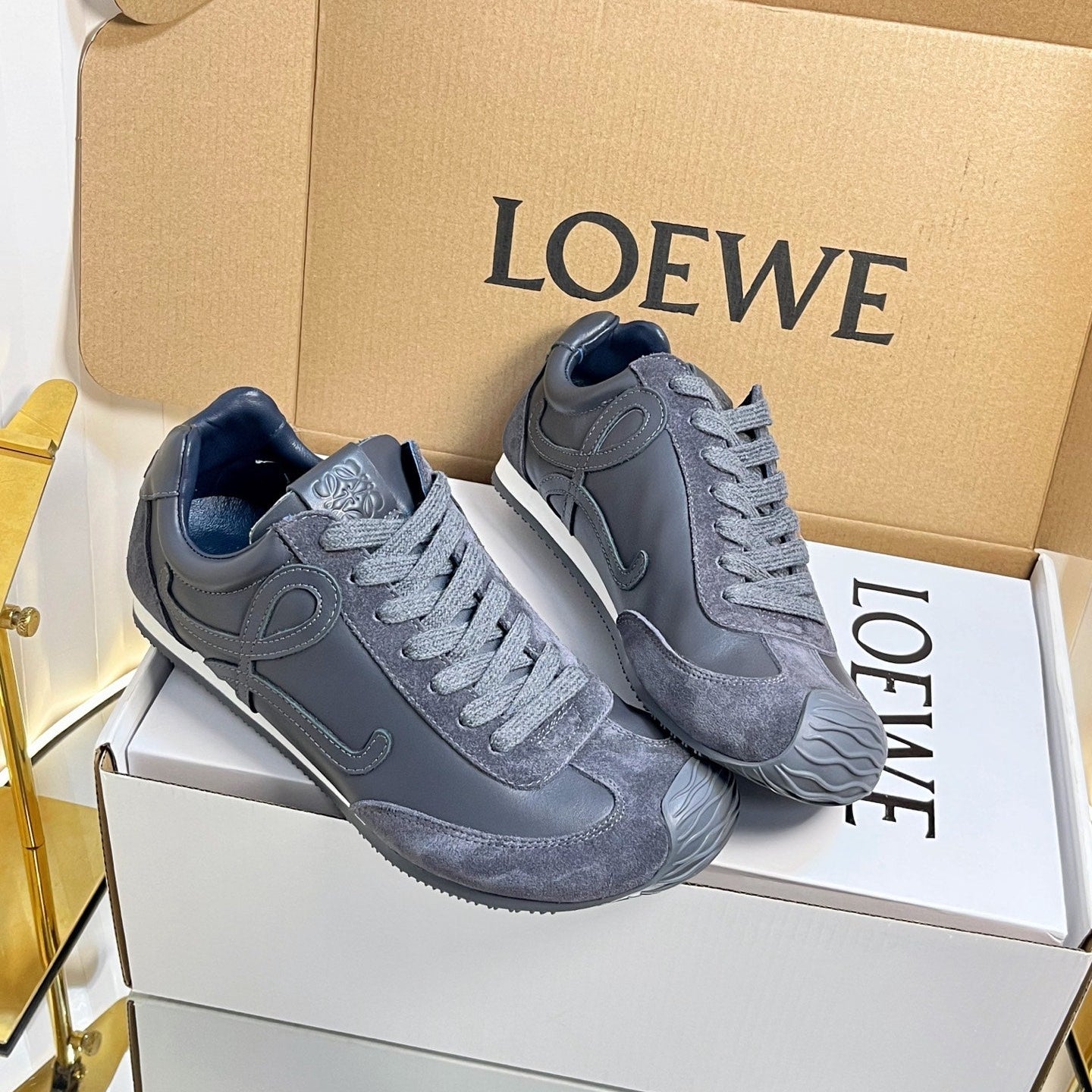 LOEWE 26S RUNNER 2.0 SNEAKERS IN DARK GREY CALFSKIN AND SUEDE