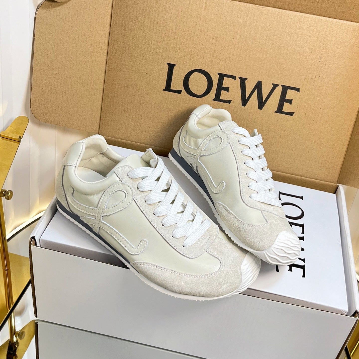 LOEWE 26S RUNNER 2.0 SNEAKERS IN OFF-WHITE CALFSKIN AND SUEDE