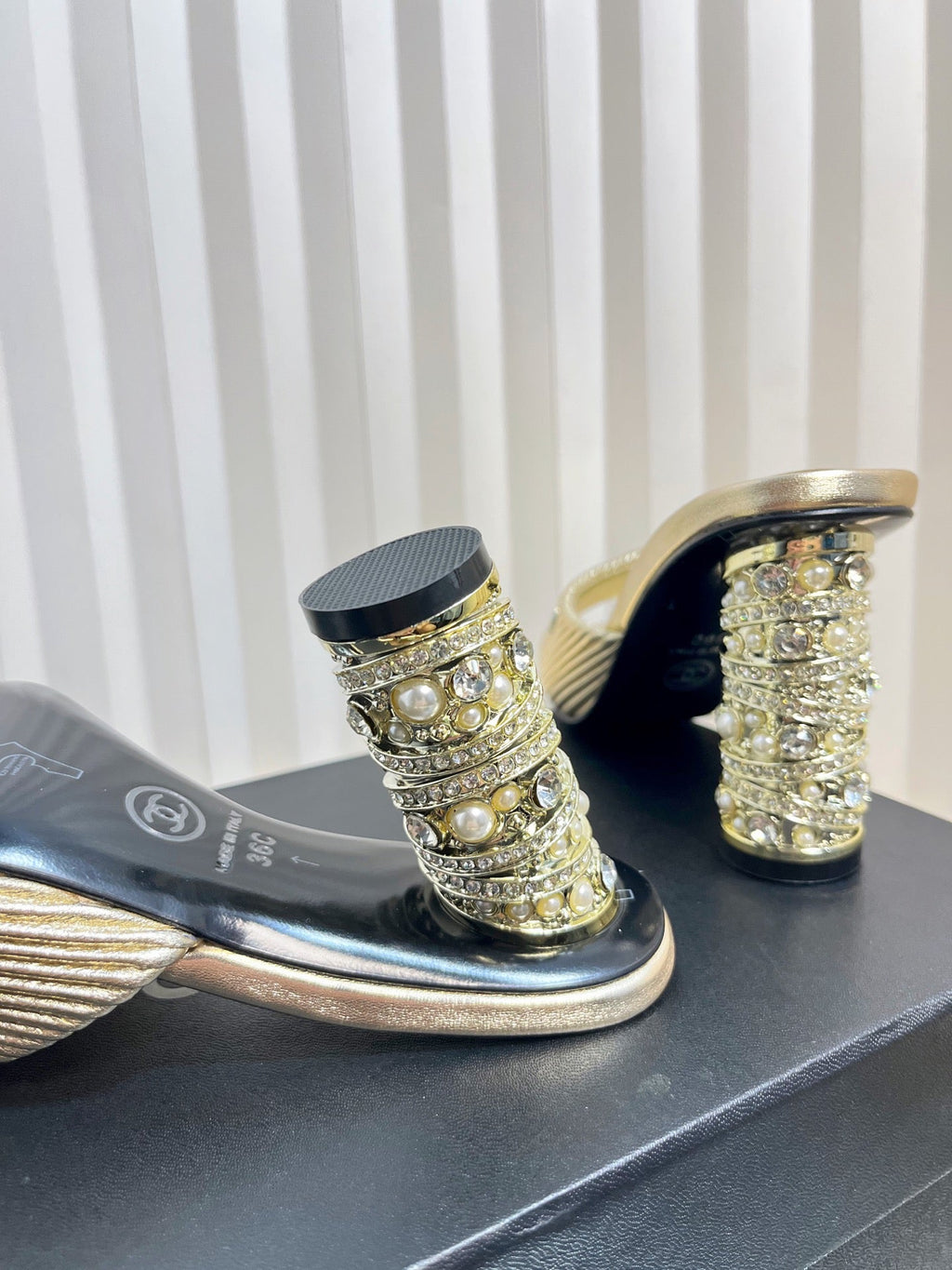 CHANEL 26S EMBELLISHED HEELED SANDALS 80 MM IN GOLD LAMBSKIN