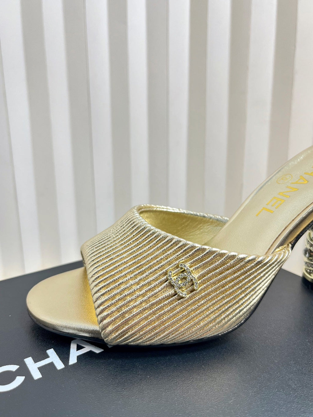 CHANEL 26S EMBELLISHED HEELED SANDALS 80 MM IN GOLD LAMBSKIN